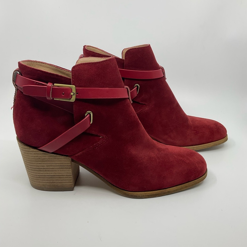 Belle by Sigerson Morrison | Genia Red Suede Belted Ankle Boots | 8.5 | Anthro